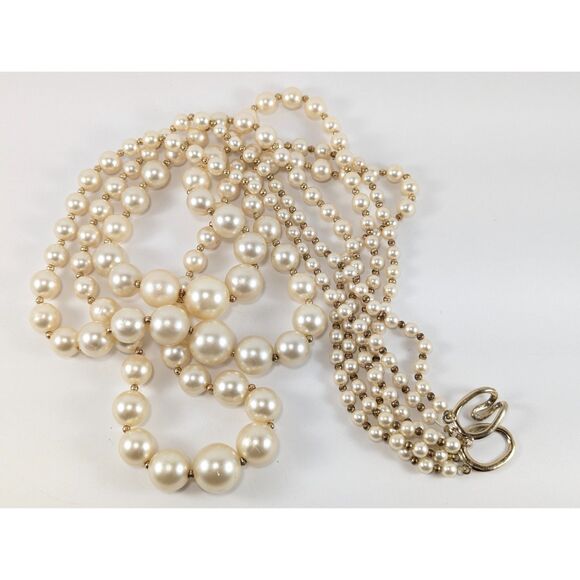 Faux Pearls Long Triple Strand Gold Tone Spacer Beads - Picture 4 of 11